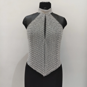 : Silver chainmail halter top on mannequin, V-shaped drape front, ideal for Renaissance faire, cosplay, or festival wear. (Back): Back view of silver chainmail halter top with adjustable chain closure, perfect for medieval or fantasy cosplay looks.